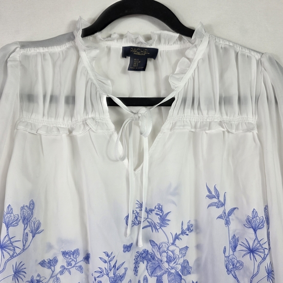 Rachel Roy White Blue Floral Ruffled Balloon Sleeve Blouse - Picture 7 of 8
